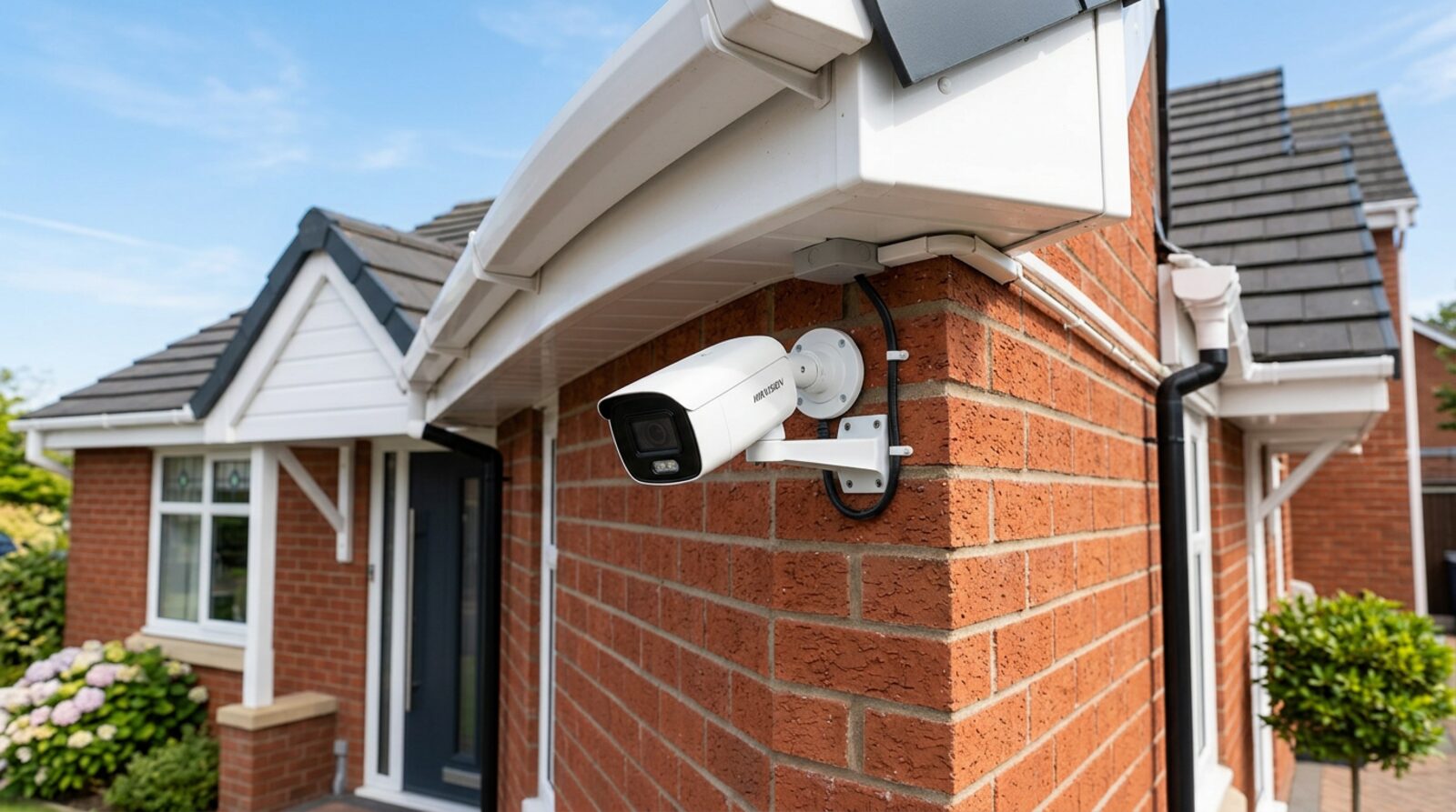 White bullet CCTV camera neatly installed on the brick exterior corner of a house