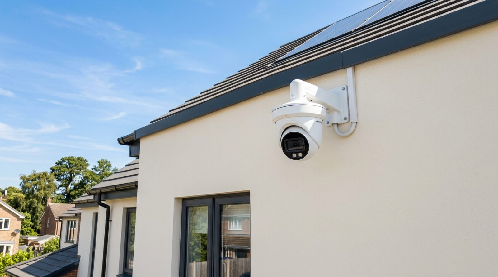 White dome security camera mounted on the rendered exterior wall of a modern home