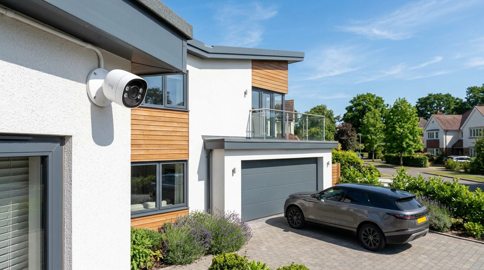 Exterior security camera covering the driveway of a modern detached home